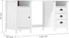 A white wooden desk with drawers and a cabinet, shown from the front with dimensions indicated. Náhľad obrázku produktu