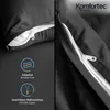 A collage of close-up shots of black bedding, highlighting a zipper and feature icons. Produktbild-Vorschau