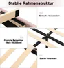 Collage of images showing details of a bed frame structure, with text highlighting features. Produktbild-Vorschau