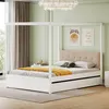 A white canopy bed with drawers and a beige headboard is shown in a bedroom setting with green walls and curtains. Produktbild-Vorschau