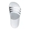 A single white Adidas Adilette Aqua slipper with silver stripes is shown from a top-down perspective against a white background. Produktbild-Vorschau