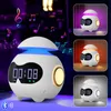A collage of images showcasing a white LED alarm clock with a digital display and multi-colored mood lighting, presented in different lighting conditions. Produktbild-Vorschau