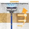 A cordless vacuum cleaner is shown cleaning different floor surfaces, with text indicating suction power levels. Voir les images du produit