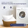 A washing machine and a basket of pillows, with text overlays highlighting product features. Produktbild-Vorschau