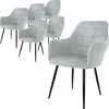 A set of six gray dining chairs with armrests and metal legs are arranged on a white background. One chair is in the foreground, angled towards the viewer, while the other five are in the background, arranged in a cluster. Produktbild-Vorschau