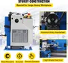 A collage of images showcasing a mini metal lathe and its features, with text overlays highlighting its construction and components. Produktbild-Vorschau