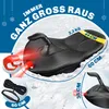 A black sled on a snowy surface, with red and orange accents and text overlays indicating features and dimensions. Produktbild-Vorschau