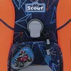 Close-up of a school backpack with a geometric pattern and an attached patch. Anteprima dell’immagine prodotto