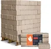A pallet stacked with firewood briquettes, with a package of briquettes in the foreground. Produktbild-Vorschau