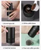 A collage of four images showing the steps to use an electric coffee grinder. Produktbild-Vorschau