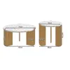 Two round coffee tables with wooden legs and speckled tops, with dimensions indicated by measurement lines and text. Voir les images du produit