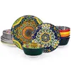 A set of colorful, patterned ceramic plates and bowls arranged on a white background. Náhled obrázku produktu
