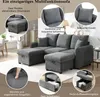 A collage of images showcasing the features of a modular sofa, including its ottomans, cushions, and storage compartments. Produktbild-Vorschau