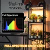 A grow light shelf with plants under the light, with a spectrum graph overlay. Produktbild-Vorschau