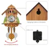 A collage of images showing a cuckoo clock, its hanging mechanism, and its battery compartment. Náhled obrázku produktu