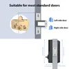 Diagram showing how a smart lock fits into a door, with dimensions and orientation indicators. Podgląd zdjęcia produktu