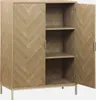 A wooden cabinet with two doors, one open, showing shelves inside. The cabinet has a herringbone pattern and stands on metal legs. Produktbild-Vorschau