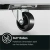 Close-up of a caster wheel on a product, with marketing text and an icon. Produktbild-Vorschau