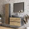 A modern bathroom vanity with a sink and mirror, featuring wood and gray finishes, set against a textured tile wall. Náhled obrázku produktu