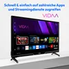 A television displaying a smart TV interface with various app icons and recommended content. Produktbild-Vorschau
