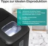 A black ice maker is shown with a pile of ice cubes in the foreground and text overlays providing tips for ideal ice production. Produktbild-Vorschau