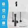 A close-up view of a sink drain and faucet with marketing icons and text on the left side. Produktbild-Vorschau