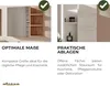 A split image showing two views of a bathroom cabinet with text descriptions of its features. Produktbild-Vorschau