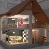 A cross-section of a house showing multiple rooms and floors, with smoke detectors installed. Produktbild-Vorschau