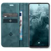 A teal flip case for a smartphone is open, showing the phone screen and card slots. Produktbild-Vorschau