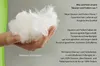 A hand holding a pile of white feathers and down, with text describing the product's features. Produktbild-Vorschau