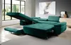 A teal sectional sofa is shown in a living room setting, with one section pulled out to reveal a hidden storage compartment and a sleeping surface. Produktbild-Vorschau
