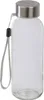 A clear, well-lit studio shot of a glass water bottle with a silver metal cap and a grey fabric strap attached to the cap. Produktbild-Vorschau
