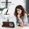 A woman is sitting at a desk, looking down at a phone case. A smaller inset image shows the phone case in use as a kickstand. Produktbild-Vorschau