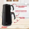 A black electric Turkish tea maker with descriptive text and arrows pointing to its features. Produktbild-Vorschau