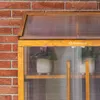 A close-up view of a wooden greenhouse with clear polycarbonate panels, showing two potted plants on shelves. Voir les images du produit