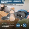 A close-up of a mini chainsaw cutting a piece of wood, with marketing text and icons overlaid. Produktbild-Vorschau