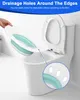 A hand holding a folded toilet seat over a toilet bowl, with a close-up inset showing drainage holes. Produktbild-Vorschau