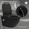 A black wall-mounted toilet with the lid open, showing the bidet function. A close-up inset shows water spraying from the bidet nozzle. Podgląd zdjęcia produktu