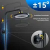 A black shower system with a rain showerhead, showing its adjustable height and angle features. Podgląd zdjęcia produktu