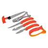 A set of hunting knives and a saw with orange handles, laid out on a white background. Náhled obrázku produktu