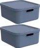 Two blue storage boxes with lids are stacked on a white background. Produktbild-Vorschau