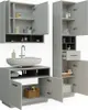 A set of bathroom furniture, including a wall cabinet, a vanity with a sink and faucet, and a tall cabinet, displayed against a white background. Produktbild-Vorschau