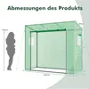 A diagram showing the dimensions of a green greenhouse, with a silhouette of a person for scale. Produktbild-Vorschau