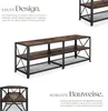 Collage of images showing a rustic-style TV stand or shelving unit, with close-ups and text descriptions. Produktbild-Vorschau