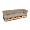 A long, beige pallet sofa with cushions, shown against a white background. Voir les images du produit