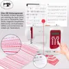 A sewing machine with various stitch patterns displayed on fabric and a chart of stitch options. Produktbild-Vorschau