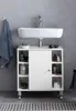 A white bathroom vanity with a sink and faucet against a gray wall. Náhled obrázku produktu