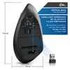 A black vertical mouse with a USB dongle and product dimensions shown. Text overlays describe features and connectivity. Produktbild-Vorschau