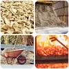 A collage of four images showing wood chips in different contexts: a close-up of chips, a large pile of chips, a wheelbarrow full of chips, and chips burning in a fire. Produktbild-Vorschau