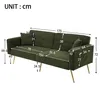 A diagram of a green sofa with dimensions indicated by lines and numbers. Produktbild-Vorschau